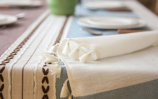 French Country Wedding Decor - Plaid Linen Tablecloth with Tassels - Junebug Jewels